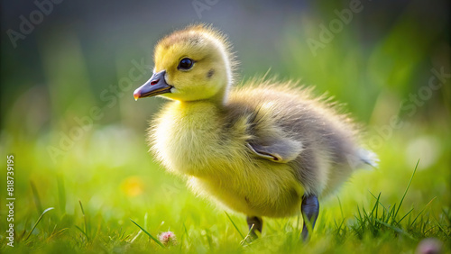 An adorable close-up of a fluffy yellow gosling waddling on a grassy field, embodying the innocence of youth