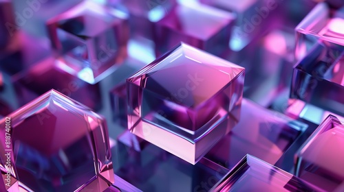 3D rendering of a crystal clear glass cube. The cube is reflecting the light and the surrounding environment.