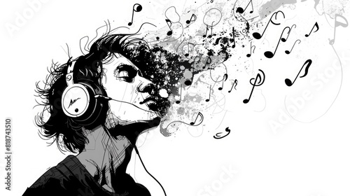 Minimalist Musical Doodle with Headphones Creative Expression in Black and White