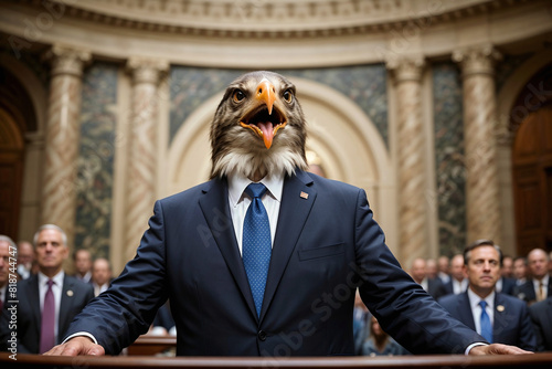 Politician with head of a hawk making a tough stance in Congress. Concept on Senate hawks trade policies, sanctions, tariff on China, Federal Reserve chairman hawkish stand on economy, interest rates.