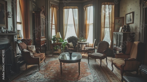Vintage Aesthetic: An elegantly styled vintage living room with antique furniture and classic decor. The warm, nostalgic atmosphere captures the charm and elegance of a bygone era.
