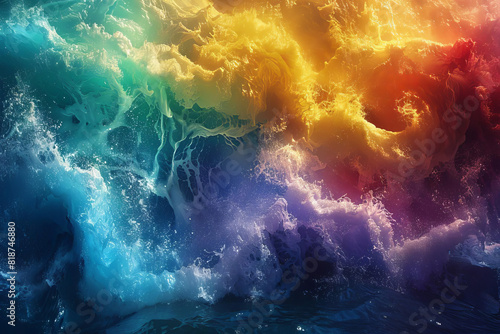 Rainbow-colored waves crashing, dynamic and powerful, digital painting, high contrast.