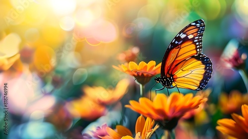 Beautiful butterfly sitting on flower bed spring colored nature background