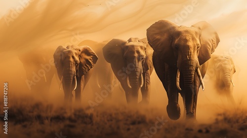 Wild: A herd of elephants walking through a dusty savannah