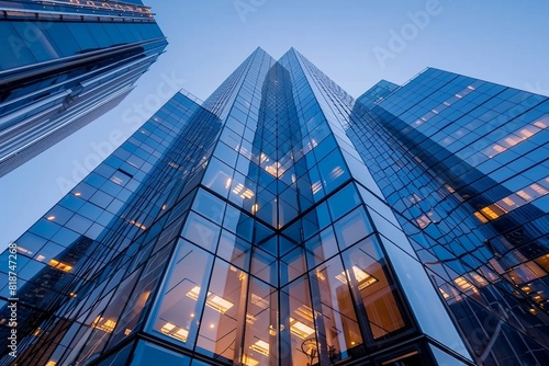 From below of entrance of office building next to contemporary high rise structures with glass mirrored walls and illuminated lights in calgary city against cloudless blue sky. generative ai.