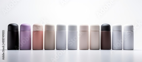A variety of deodorant bottles neatly arranged on a white table with plenty of blank space for adding text. Creative banner. Copyspace image