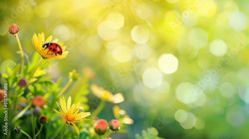 A ladybug sits on a vibrant yellow flower amidst a dreamy, sunlit meadow with bokeh effects enhancing the magical ambiance