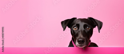 A young dog with curious eyes gazes directly at the camera against a vibrant pink backdrop leaving ample copy space for creative content