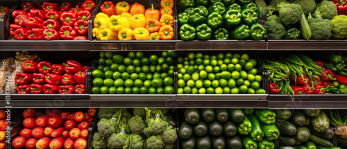 Colorful fresh vegetables arranged neatly in a supermarket produce section. Generative AI 