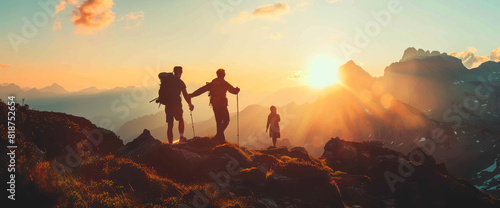 A group of people are hiking up a mountain and enjoying the sunset