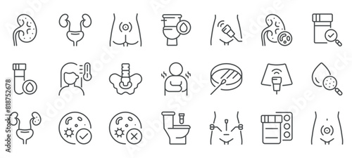 Nephritis Icon Set. Linear Icons of Kidney Inflammation, Symptoms, Diagnostics, and Treatment. Includes Medical Procedures, Conditions, and Medications. Editable Vector Sign Collection.
