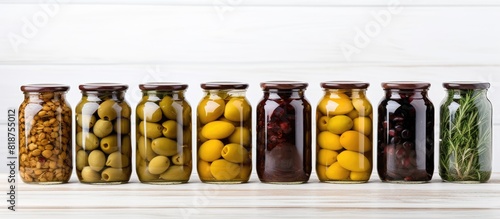 A copy space image of pickled olives is displayed on a white wooden background