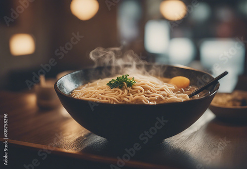 A steaming bowl of ramen in a restaurant 