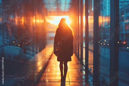 Silhouette of a person walking through a corridor at sunset. High-resolution photography. Urban and solitude concept. Design for poster and print. Rear view