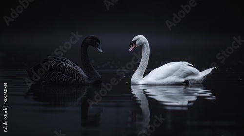 a beautiful black swan and a white swan floating