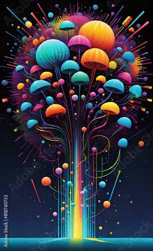 Neon lines converging in a psychedelic explosion of color 3d style isolated flying objects memphis style 3d render.