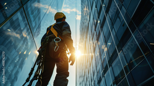 A man in a yellow helmet looks up at a skyscraper, assessing his work. An industrial climber is a window cleaner