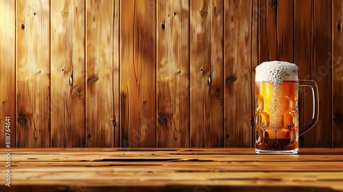 A half-full mug of beer sits on a wooden table against a wooden background. The mug is made of glass and is filled with a light golden liquid.