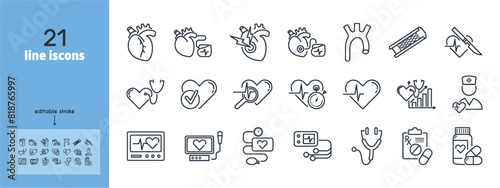 Cardiology line icon set. Heart, ECG, stent, aorta, pacemake, myocardial infarction, sphygmomanometer, holter monitor, rhythm, medications, diagnosis, scalpel, surgery vector illustration. Editable