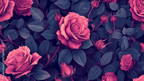 Pink roses and buds on a dark background. Seamless pattern.