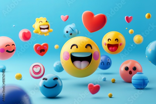 A colorful group of smiley faces surrounded by various sized balls in a playful and cheerful setting. Generative AI