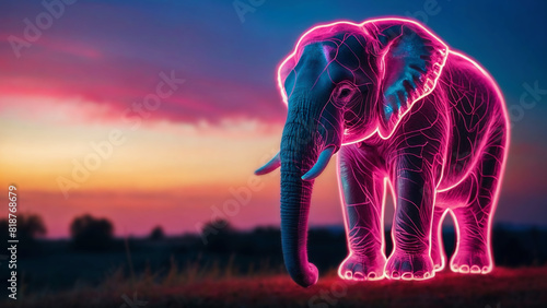 Painting with light Colorful beautiful elephant made of millions of ultra bright neon strings