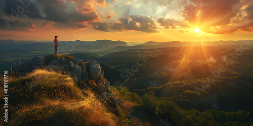 sunset in the mountains, A person admiring a stunning sunset from a peaceful hilltop vantage point, with golden light illuminating the landscape below. 