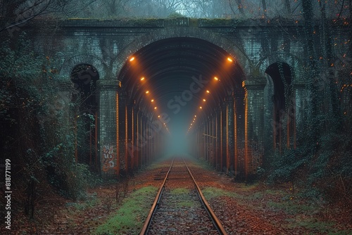 Railroad Viaduct Evening Lights Evening scene with lights illuminating a railroad viaduct, creating a captivating visual