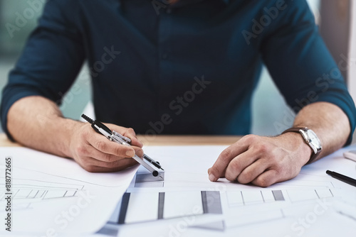 Architecture, hands and blueprint on table for drawing, sketch and construction plan design. Architect, creativity and divider to measure distance, scale layout and accuracy with contractor in office