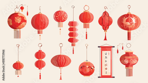 Asian decorations hanging paper ornaments set. Red ho