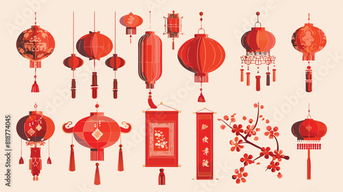 Asian decorations hanging paper ornaments set. Red ho