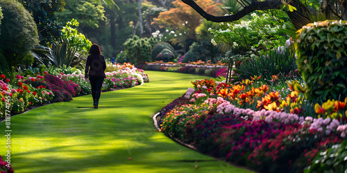 park in autumn, A person taking a leisurely stroll through a beautifully landscaped botanical garden, admiring the vibrant blooms and manicured path