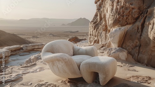 A white chair is sitting in the desert