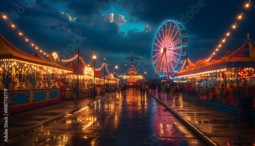 View of fairground rides on the beach pier, with stars in the sky and sunrise, summer concept vacation concept holidays