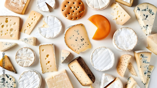 Traditional French cheese platter seen from above on white background