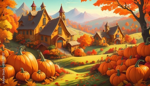 Colorful Pumpkin Themed Cottages and Homes in an Autumnal Fantasy Landscape with a beautiful 