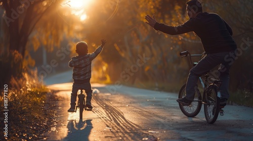 A man waves to a boy riding a bike for the first time, capturing a triumphant learning moment and the joy of a new achievement. Guy waving to a boy