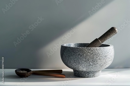culinary elegance minimalist stone mortar pestle product still life sophisticated kitchen utensils tools objects 
