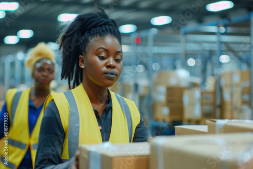 Two women wearing yellow vests are working in a warehouse. One of them is holding a box
