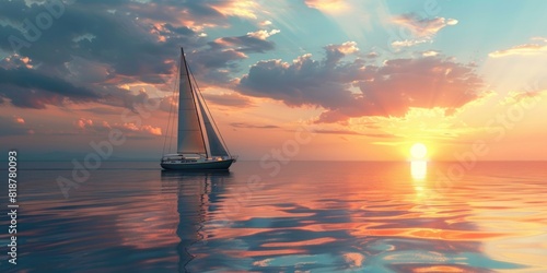 A captivating image of a sailboat through the still waters of a tranquil sea, with the sun setting in the distance. Sailing into the Sunset.