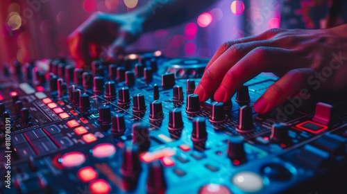 Closeup of hands on a DJ mixer controller, adjusting knobs and sliders, creating vibrant music in a dynamic setting with colorful lights