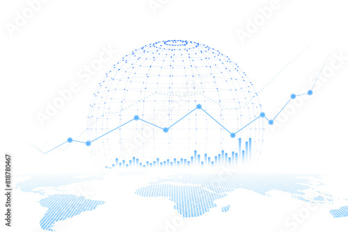 A digital infographic with a globe, graphs, and statistical data representing global financial trends, displayed on a light blue and white background, symbolizing analytics