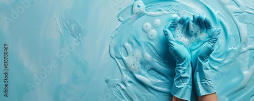 Womans hands in turquoise gloves, holding a brush and cleaning liquid, symbolizing household chores, isolated on a white background with copy space