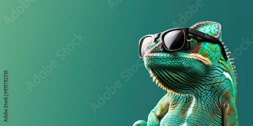 A cool Chameleon wearing sunglasses on a green backdrop, attention-grabbing style sales and marketing banner for corporate and business