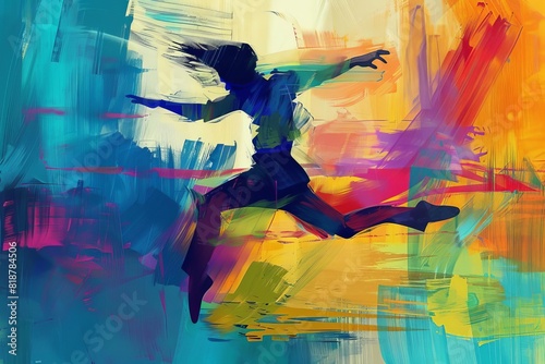 dancer dance leap graceful colorful abstract brushstrokes geometric shapes movement motion modern art concept expressive dynamic 