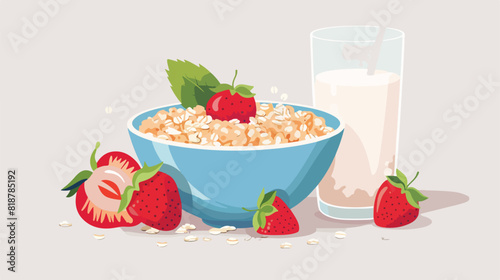 Bowl of oatmeal with strawberries and glass of milk 
