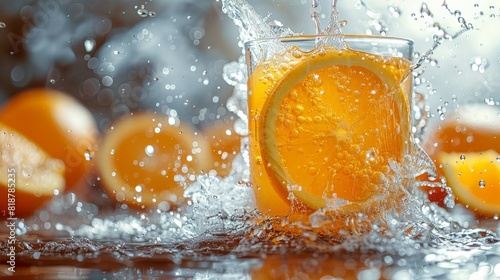 Summer cold drink orange juice explodes, shatters and flies, white background. Bursting part, relief concept， Explosive Burst of Vibrant Orange Soda Splashing with Shattered Ice Cubes on Crisp White B