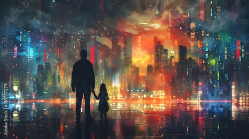 Silhouetted father and child hold hands while gazing at a vibrant, neon-lit cityscape, creating a futuristic and reflective scene.