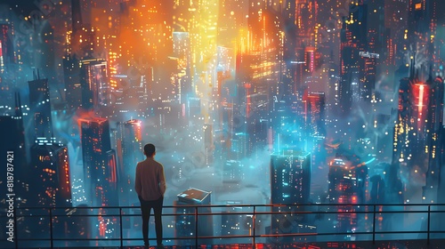 A man stands on a balcony, overlooking a vibrant, futuristic cityscape illuminated by neon lights and enveloped in a misty atmosphere.