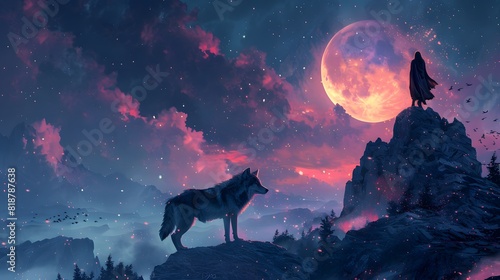 A lone wolf and a cloaked figure stand on separate rocky peaks, illuminated by a vibrant full moon in a mystical night sky.